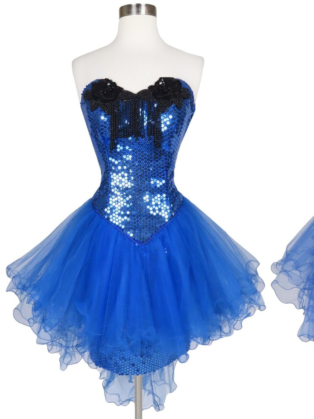 Vintage 80s Blue Strapless Sequin Sheath Tiered Tulle Peplum Prom Party Dress XS